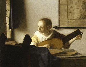 Dettaglio della "Donna con liuto" di Vermeer, in mostra a Napoli